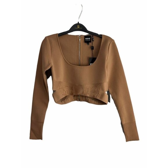 Herve Leger Long Sleeve Scoop Neck Crop Top Sun Beige NWT Small - Picture 6 of 12